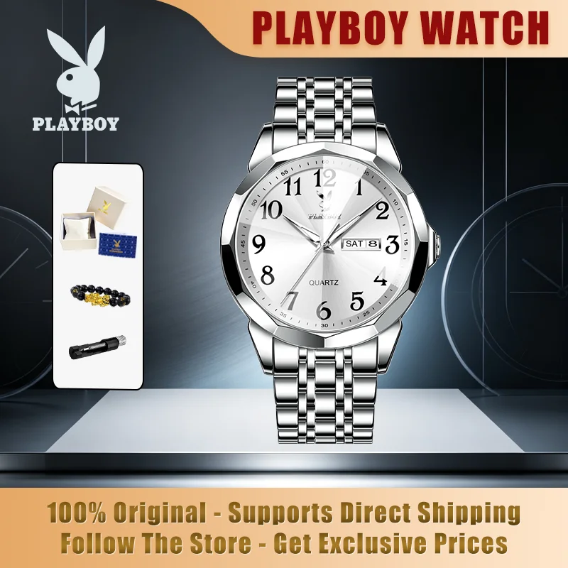PLAYBOY 3532 Brand original authentic watches for man luxury Gift Box Digital surface solid steel belt quartz men's watch