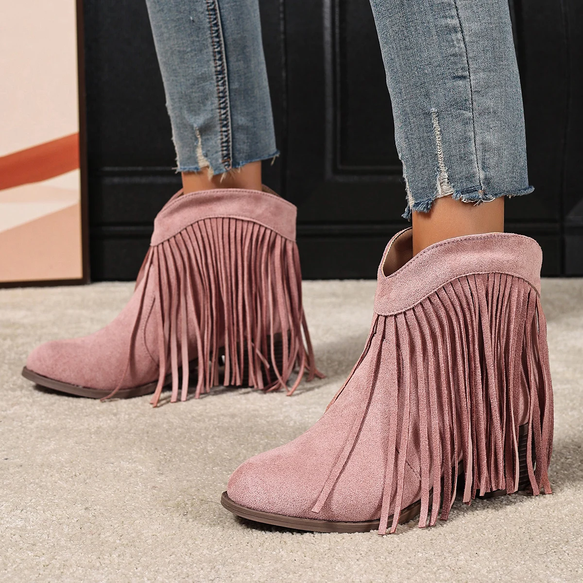 Fringe-Trimmed Pointed-Toe Chunky Heel Elevated Elegant Fashionable Evening Party Resort Women's Nude Boots view 4