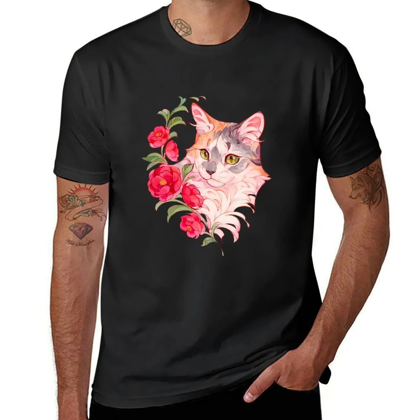 Silver torbie cat with red flowers T-Shirt Short sleeve tee for a boy mens graphic t-shirts anime