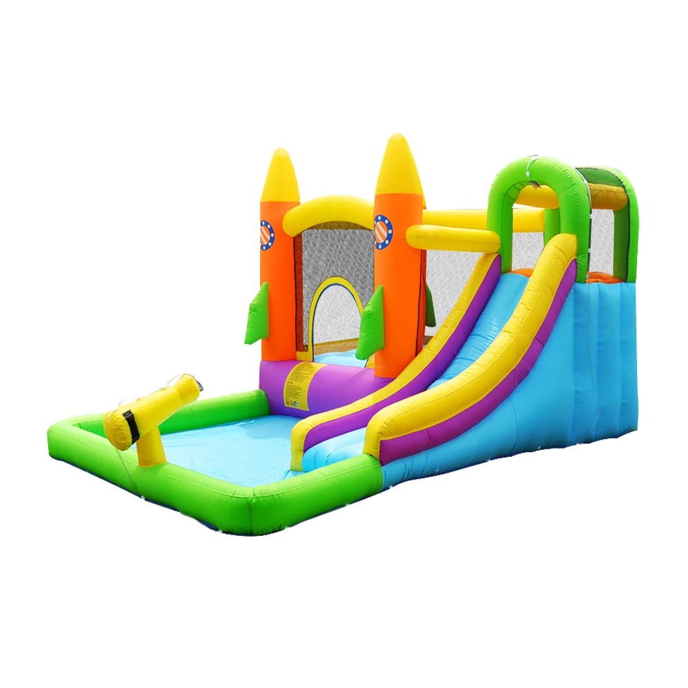 Popular children toys rocket theme playground with water gun and water slide inflatable bouncy house jumping trampoline castle