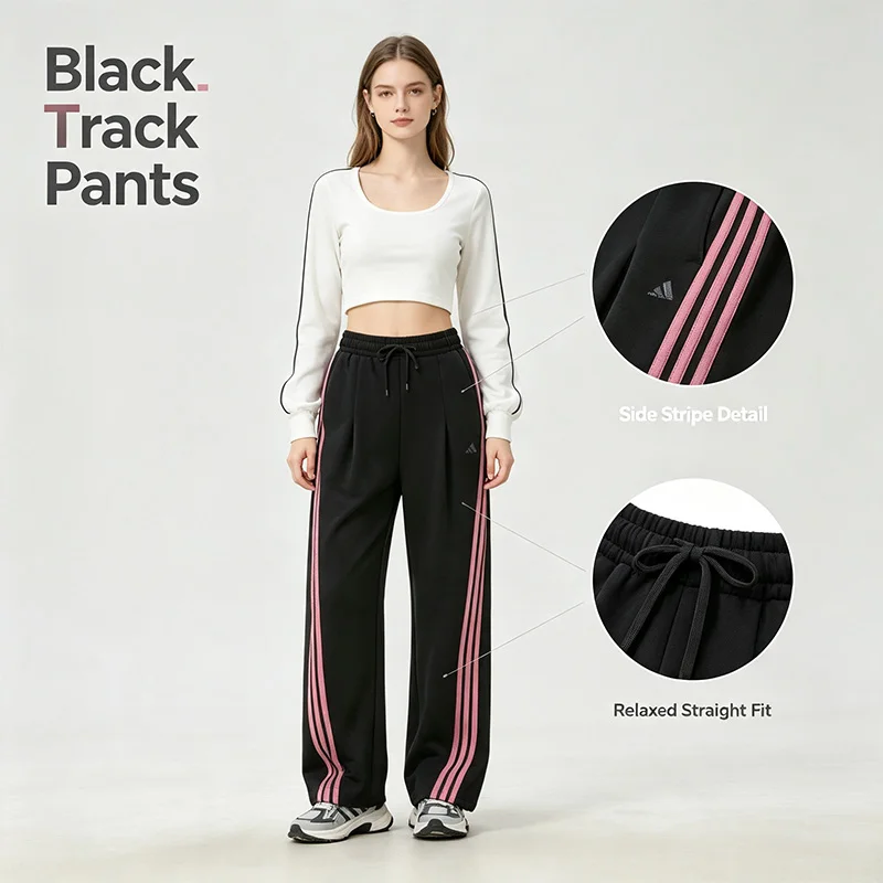 Adidas Black Track Pants Women Side Stripe Soft Fabric Relaxed Straight Fit Casual Active Sport Pants Ks2897