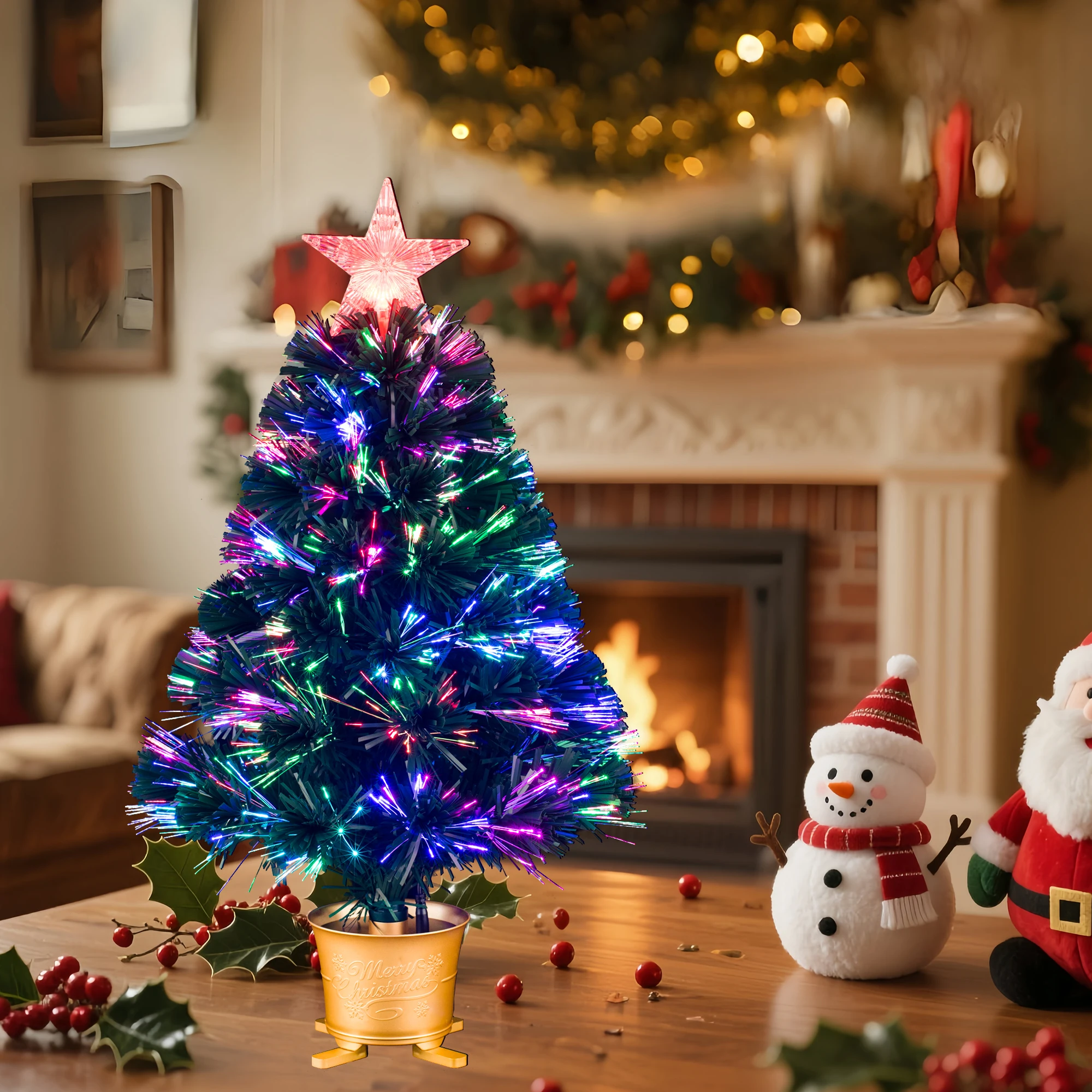 

Мини-волоконно-оптическая настольная искусственная рождественская елка со звездами, меняющим цвет, зеленая, с предварительной подсветкой, рождественская елка, 24 дюйма