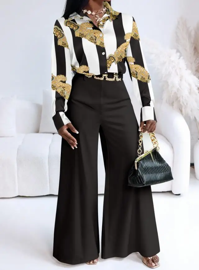 Ensemble deux pièces pour femmes, tenue rayée, imprimé Floral doré, col rabattu, boutons sur le devant, haut et pantalon décontracté, taille haute, jambes larges