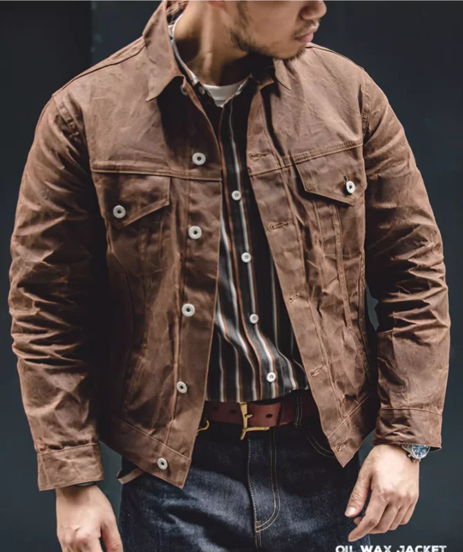 American retro Yellowstone canvas oil wax jacket Amikaji slim fit men's motorcycle jacket