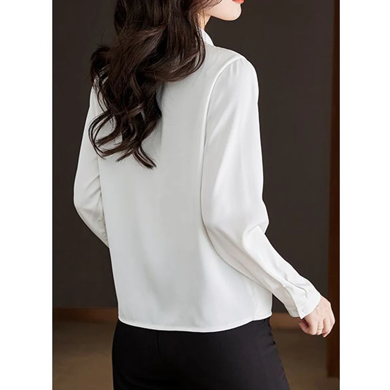 Women High Quality Satin Elegant White Blouse Spring Autumn Fashion Simple Commuter Shirts V Neck Long Sleeve Loose Tops Blusas