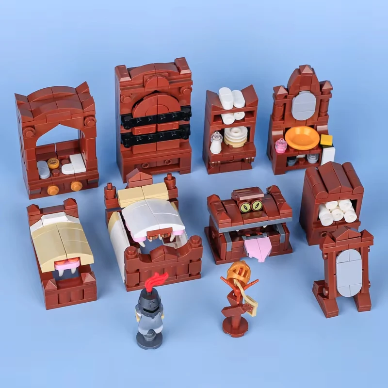 MOC Medieval Building Blocks Wizard Potion Studio House Knights Bedroom Table Furniture Kitchen Furniture Series Printed Toys