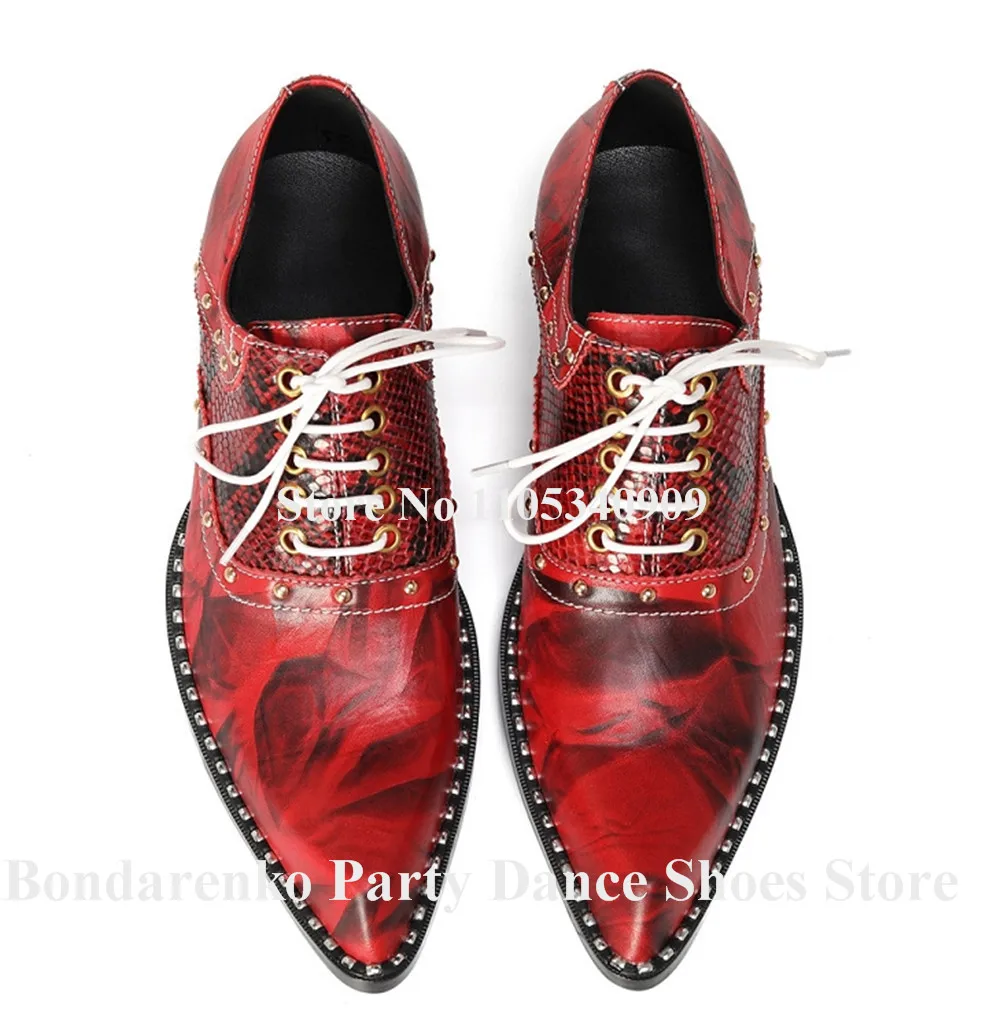 Bondarenko Men Red Snakeskin Pattern Leather Rivets Leather Shoes Pointed Toe Slip-on Studs Lace-up Dance Shoes