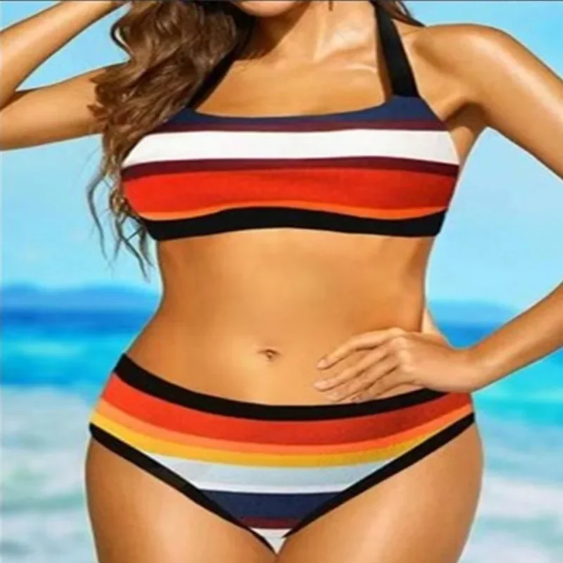 Maillot de bain sexy à rayures arc-en-ciel pour femmes, bikini push-up, vêtements de plage