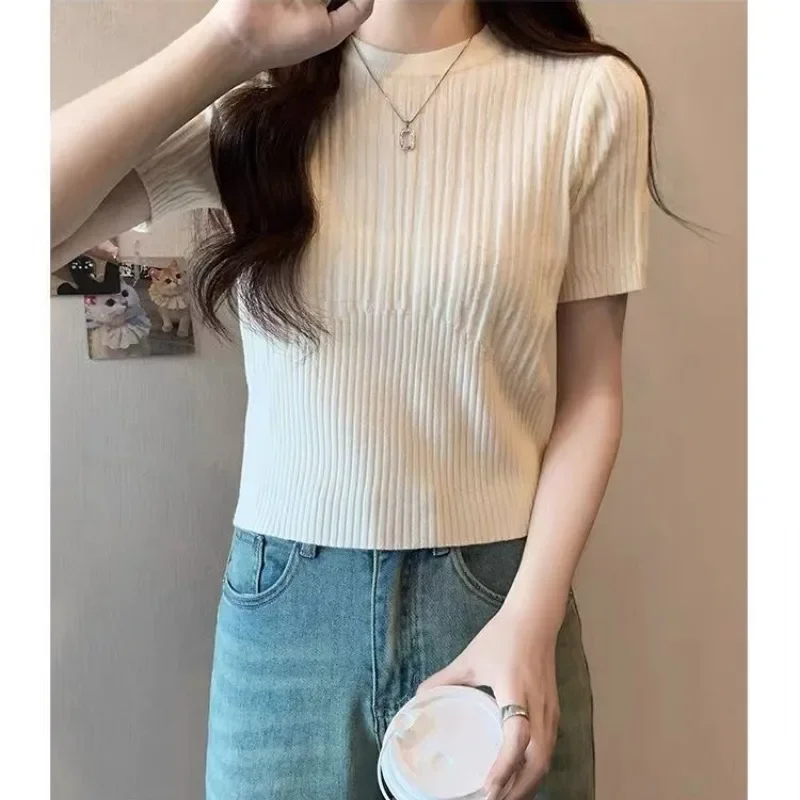 

Women's Spring New Pullover Round Neck Waist Slimming Spicy Girl Short Versatile Shoulder Short Sleeve Knitted T-shirt Tops L227