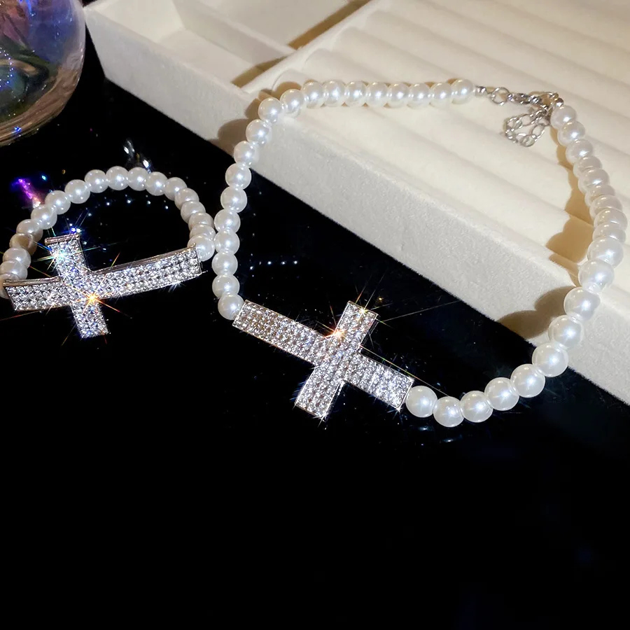 

Cross Diamond Pearl Necklace and Bracelet Set Sweet & Edgy Fashion Jewelry Collection Elegant Accessories Gift for Girlfriend
