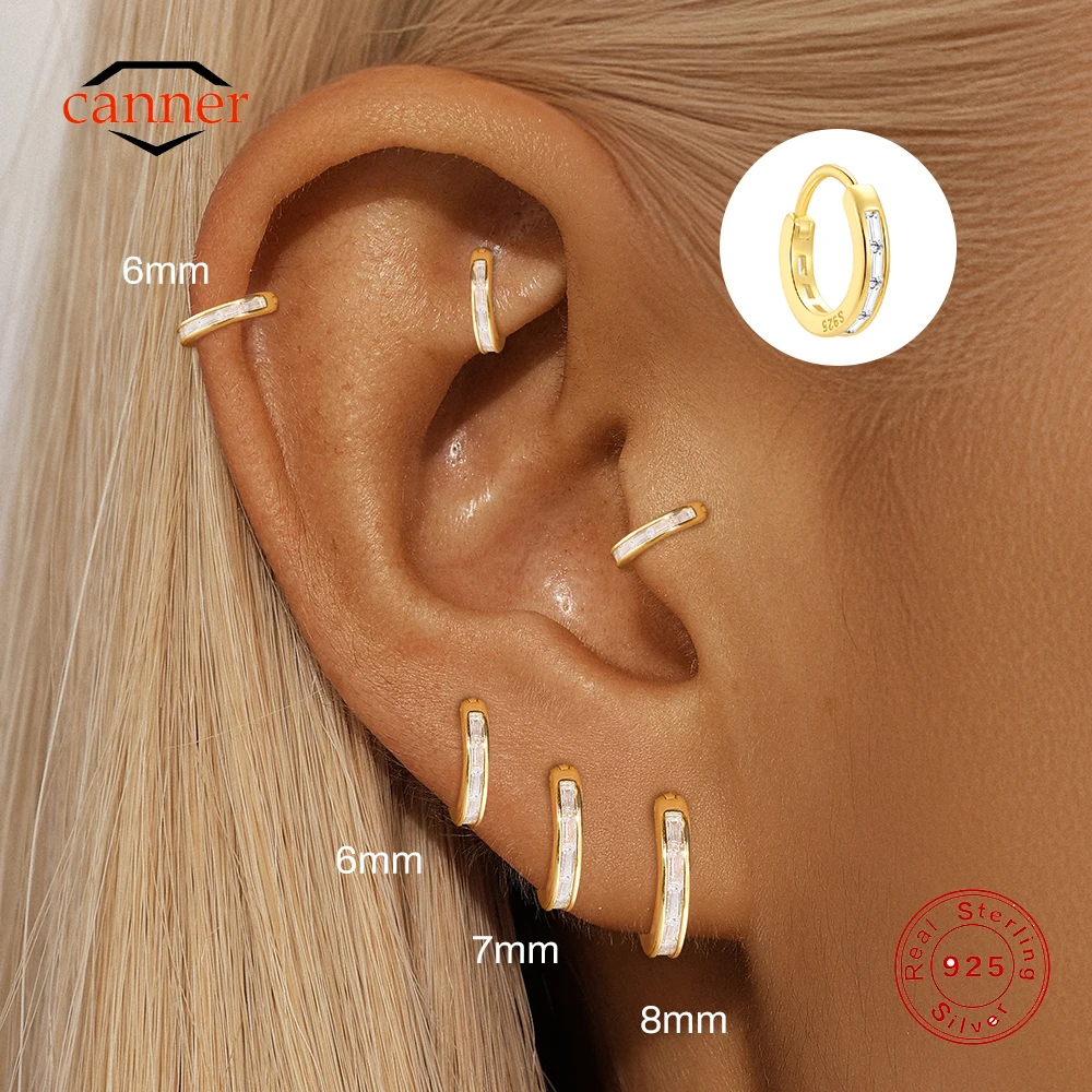 

CANNER 925 Sterling Silver 6/7/8mm Hoop Earrings For Women Round Circle Rectangular Zircon Classic Simple Piercing Earings Gift