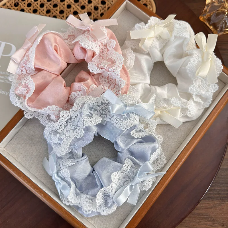 Ballet-style Ribbon Bow Embroidery Lace Scrunchie for Women Girls 2024 Spring Summer Korean Sweet Colored Hair Band Headdress