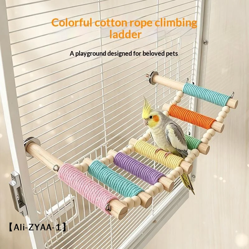 【A】1Pcs Steps Bird Cotton Rope Ladder Hanging Colorful Bird Cage Decoration Funny Grinding Stick Wear Resistant Parrot Climbing
