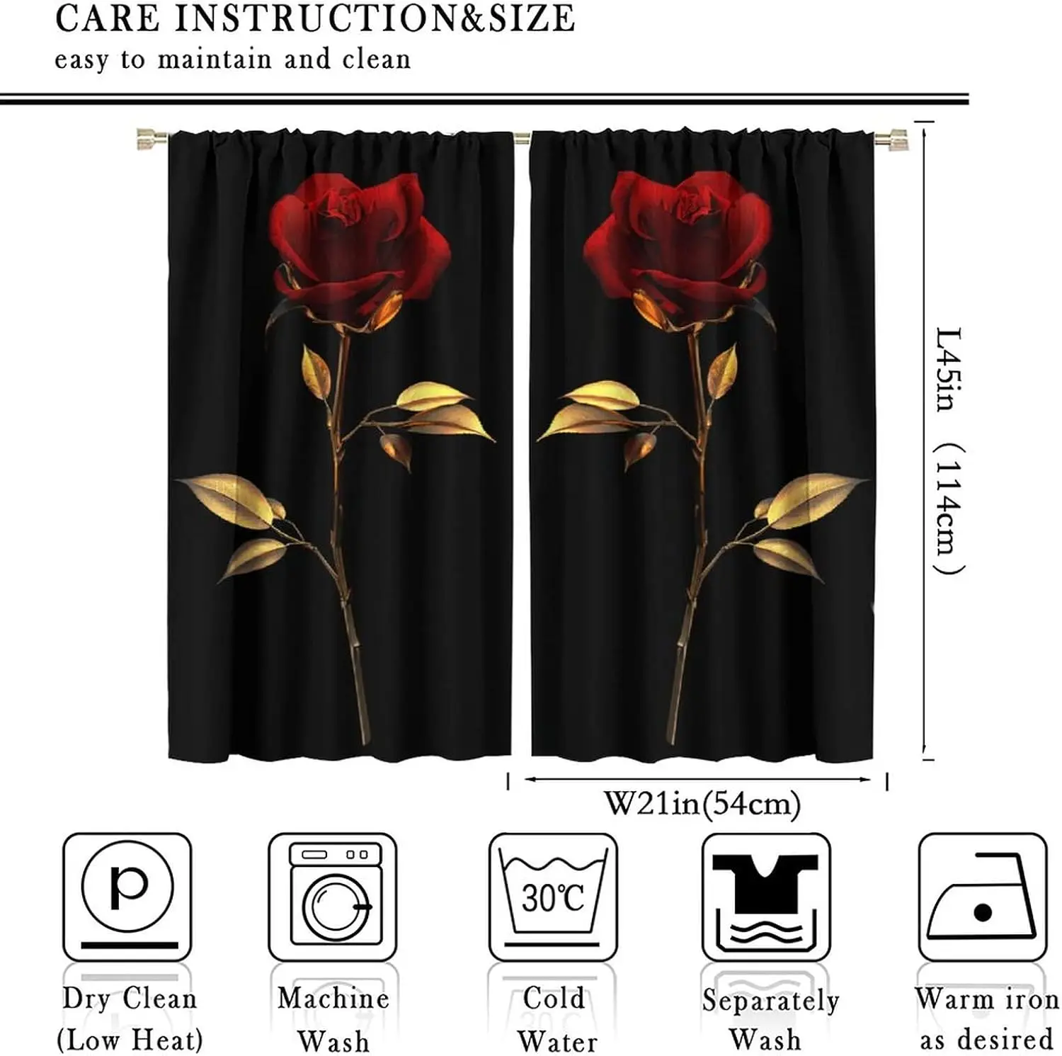 Single Red Rose Golden Stem Leaf Black Background Blackout Rod Pocket Curtain Luxurious Romantic Elegant Bedroom Rest Bay Window