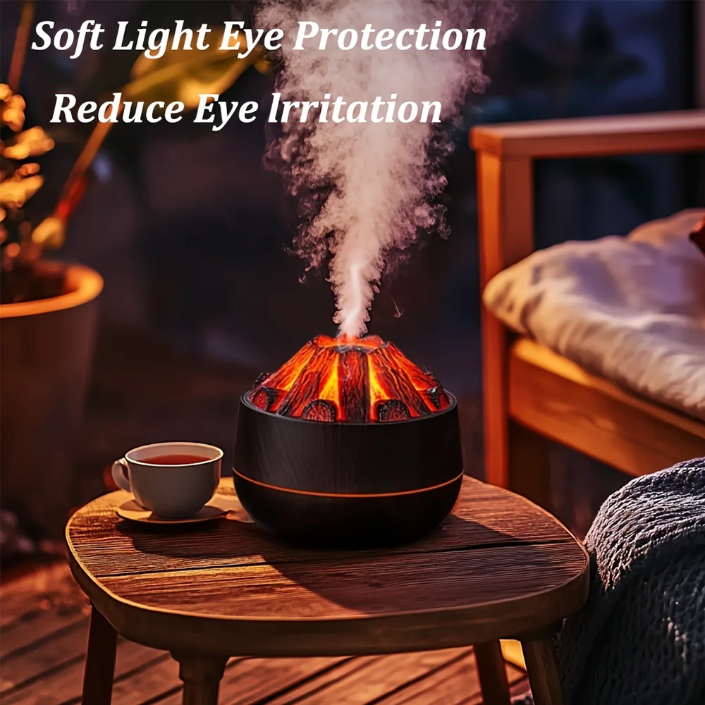 Simulated Charcoal Flame Humidifier Ultrasonic Silent Dual Mist Mode Essential Oil Aromatherapy Diffuser with Night Light