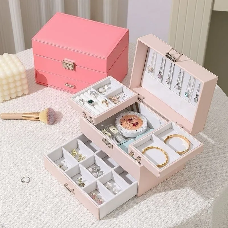 With Lock Jewelry Box Minimalist Modern Luxury Jewelry Box Large Capacity Leather Earrings Rings Organizer Case Cosmetics Cases