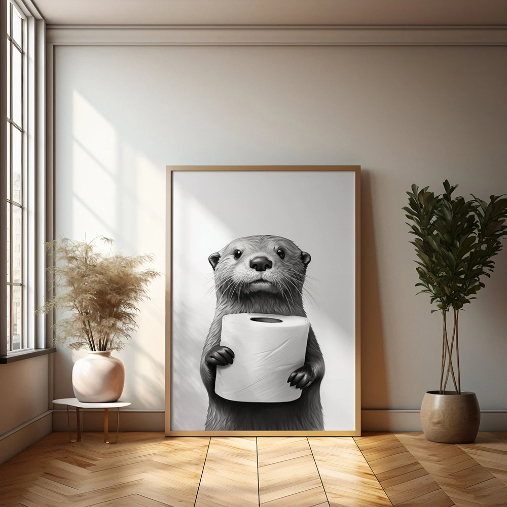 Cute Animals Toilet Paper Living Room Wall Art Poster Black and White Otter Canvas Painting Print Funny Bathroom Home Decoration