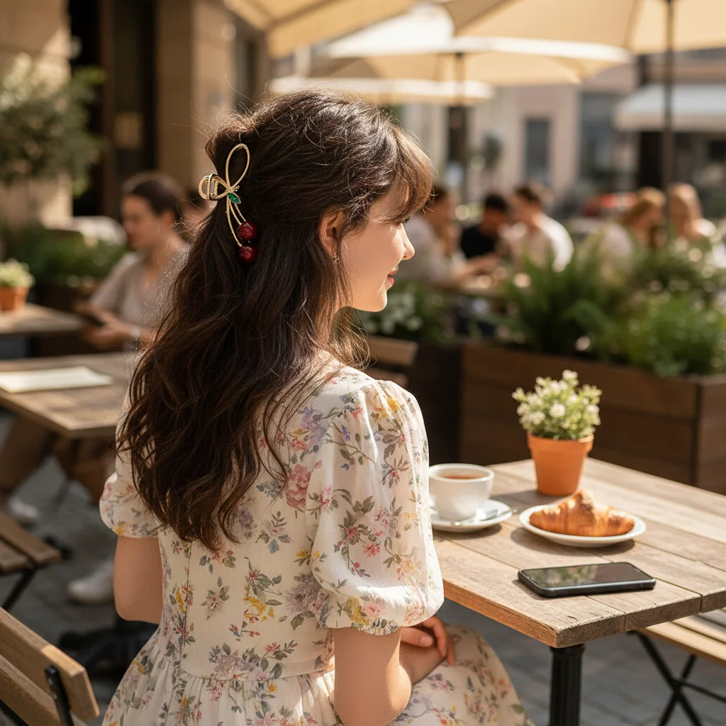 Alloy Cherry Hair Claw Clip For Women Large Gold-toned Durable Design Strong Hold For Thick Hair Stylish Hair Accessories