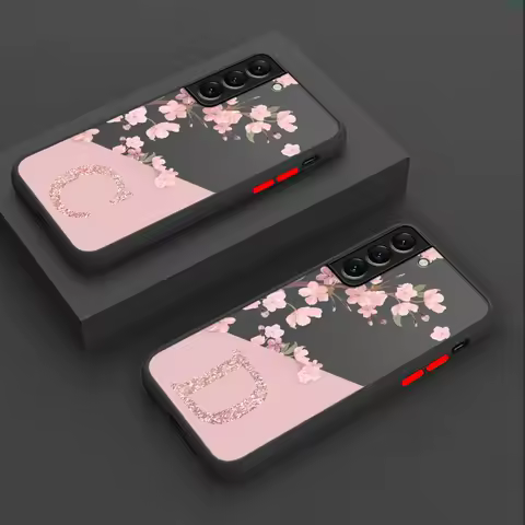Pink Flowers Letter A Matte Case for Samsung Galaxy S23 S24 Ultra S22 S20 FE S21 Plus S10 S9 Note 20 10 Black Phone Cover Shell