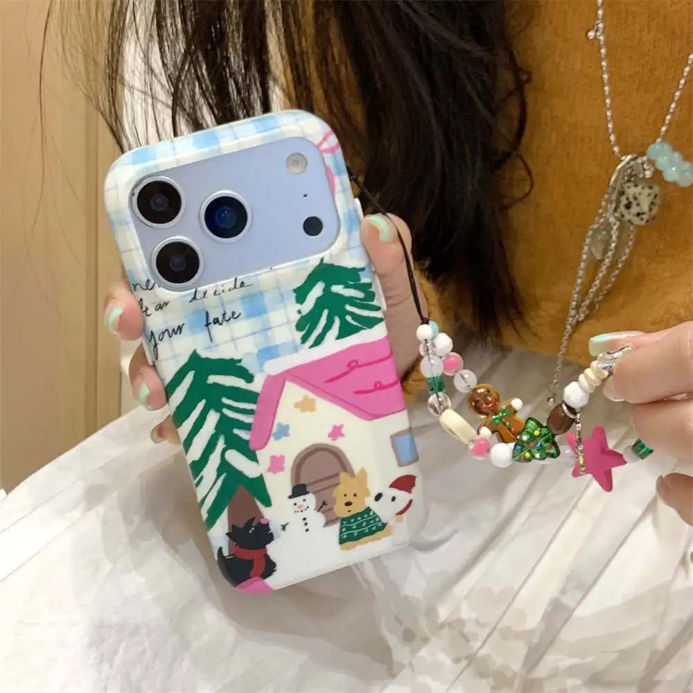 

Cartoon Cute Puppy Snow House Phone Case For iPhone 17 Pro 16 15 14 Pro Max 16Pro Cover with Chain Protective Cases For Apple 17