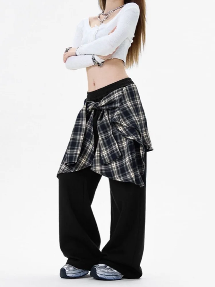 Damskie spodnie streetwear w stylu vintage, krata, imitacja dwóch warstw, patchworkowe, luźne, codzienne spodnie Harajuku, jednolite, z wysokim stanem, szerokie nogawki, nowość.