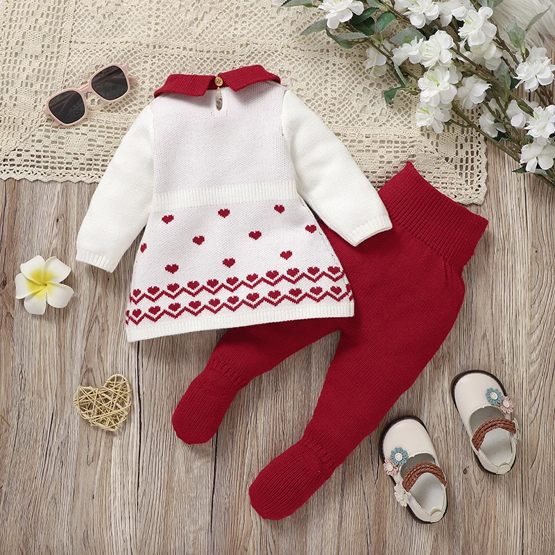 Newborn Baby Clothes Sets Knitted Infant Child Sweaters Fashion Loving +Pants Foot Wrap Girl Pullover +Trousers Warm Autumn 0-9M