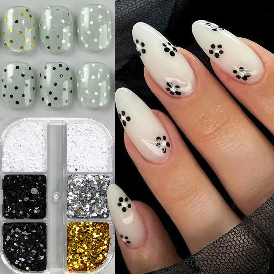 

1 коробка из 6 сеток 3D мини-круглых блесток для ногтей Kawaii Black Dot Nail Art Flake Y2K золотистые, серебристые, блестящие подвески, аксессуары