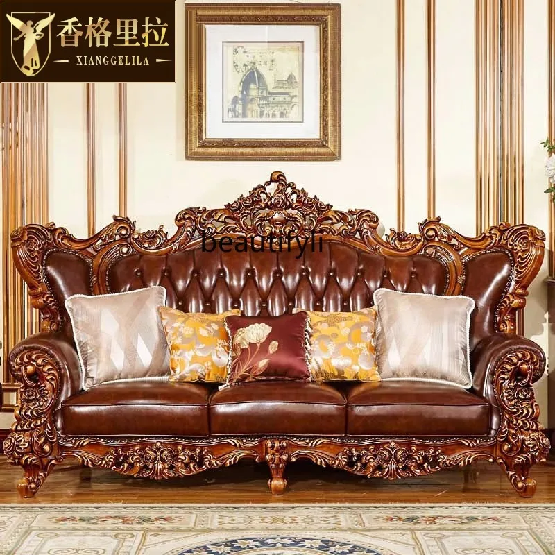 

European leather sofa combination solid wood carving flower retro living room luxury leather sofa