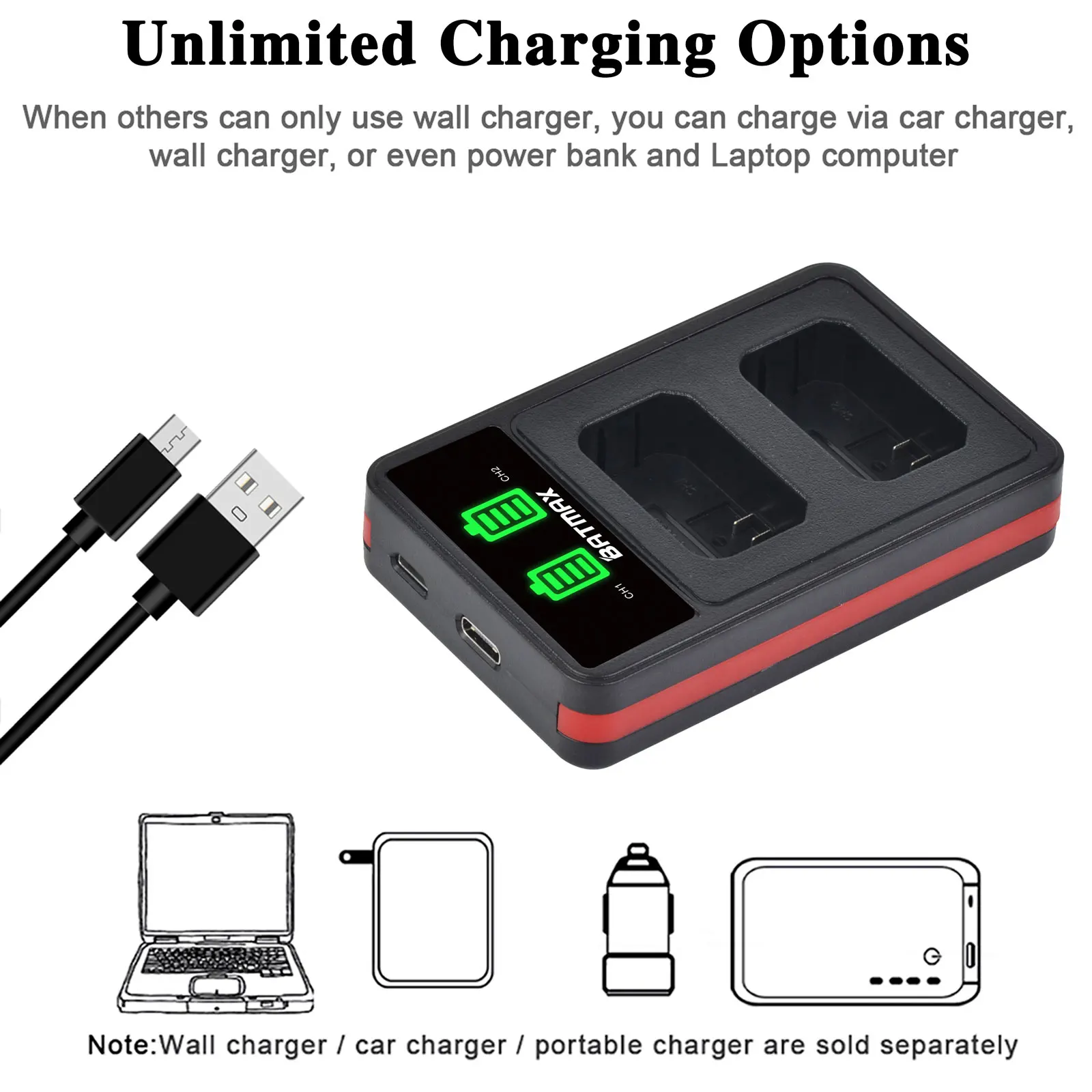 LED USB Dual Charger With Type C Port for SONY NP-FW50 Battery NEX-3 NEX-5 NEX-6 SLT-A55 A33 A55 A37 A3000 A5000 A6000