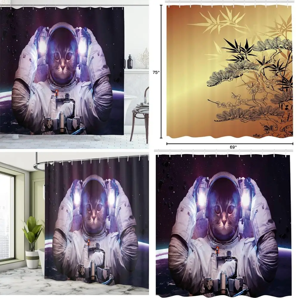 

galactic kitty astronaut shower curtain, space-themed bathroom decor with supernova stars
