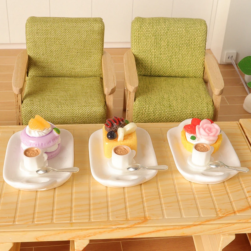 ชุดของเล่นทำอาหารจำลองสำหรับบ้านตุ๊กตา ชุดน้ำชายามบ่าย กาแฟ เค้ก ของหวาน อุปกรณ์ตกแต่งครัวบ้านตุ๊กตา ขนาด 1:12