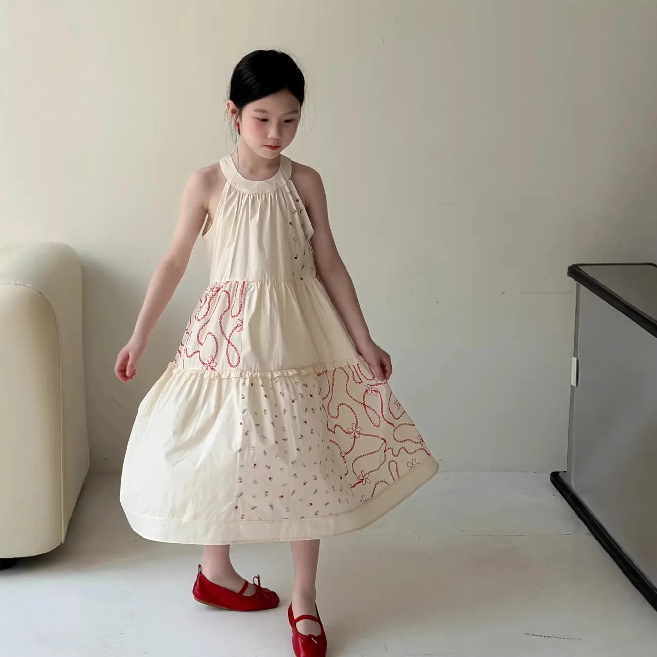 Children Dress 2026 Summer Girls Korean Hanging Neck Floral Patchwork Dress Children Loose Sleeveless Dress