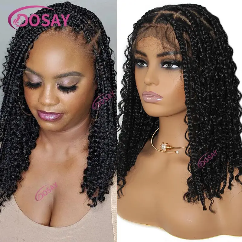 12‘’ Boho Braided Full Lace Front Wigs Synthetic Curly Bohemian Goddess Locs Cornrows Wigs Pre Plucked Knotless Box Braids Wig