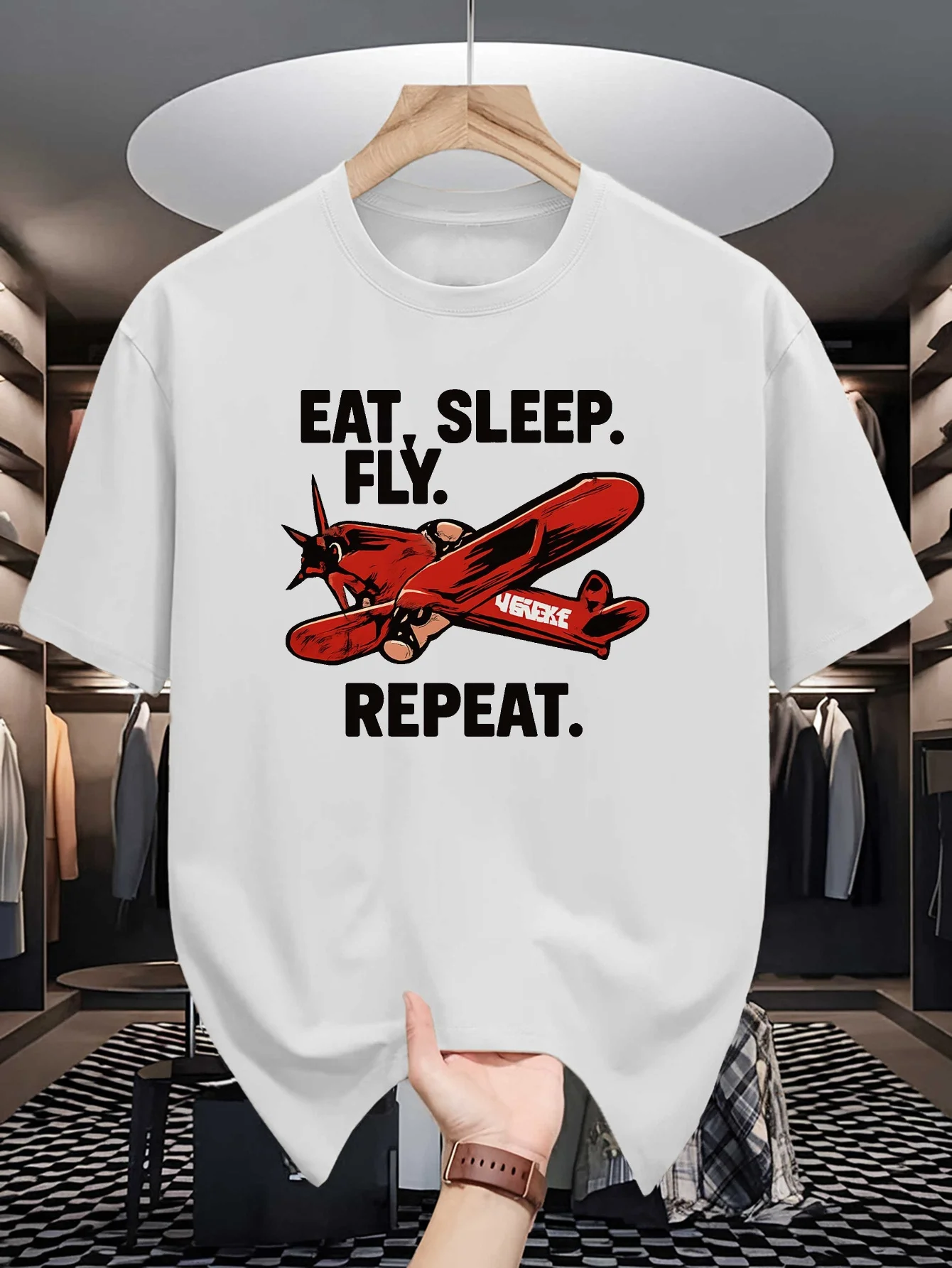 Vintage Red Airplane Graphic Mens Crew Neck T Shirt Eat Sleep Fly Repeat Pilot Slogan Print Short Sleeve Casual Cotton Daily Top
