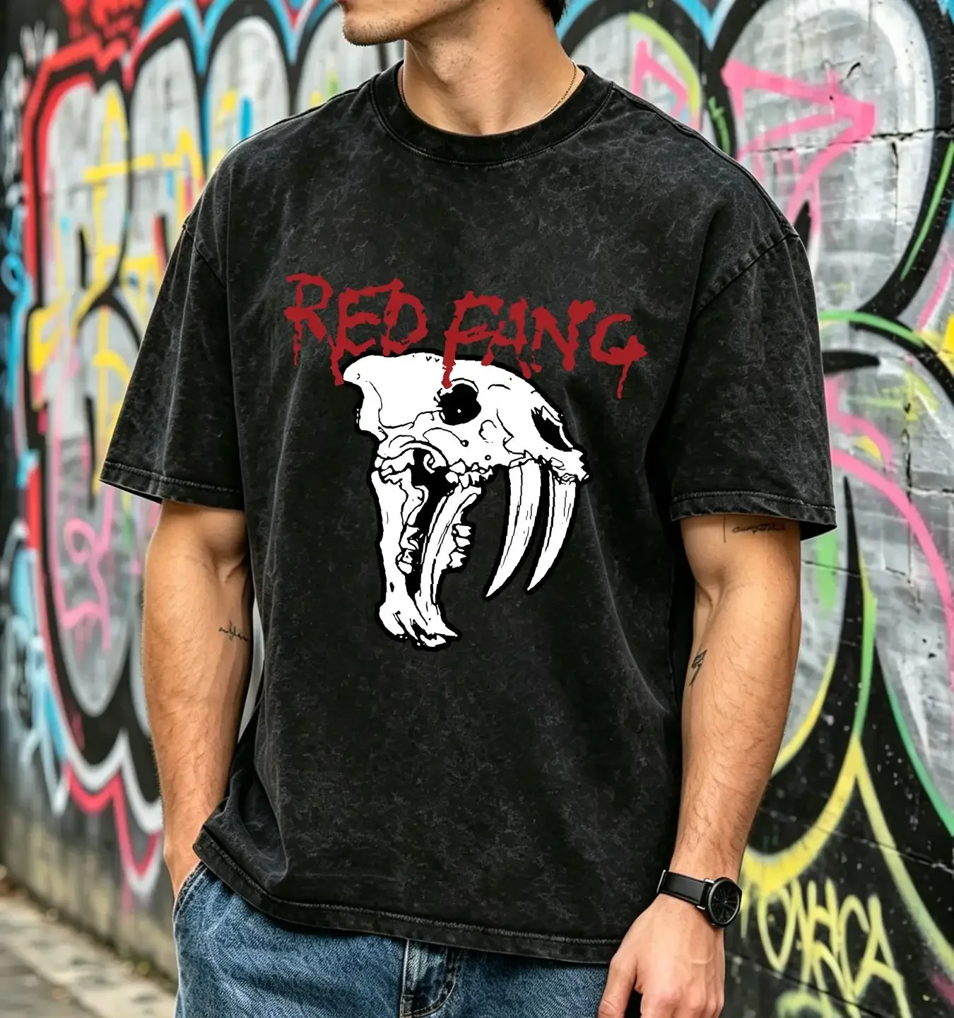 washed T Shirt Red Fangs Music Hip Hop for Men Funny Cool Harajuku Creative Pure Cotton vintage Washed Stretched Stylish