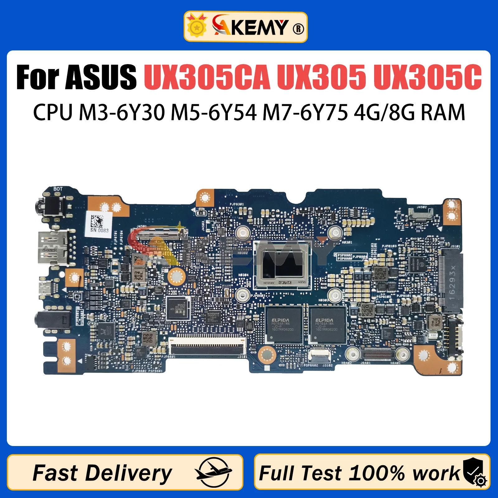 AKEMY UX305CA Mainboard REV 2.0 for ASUS Zenbook UX305 UX305C Laptop Motherboard With M3-6Y30 M5-6Y54 M7-6Y75 CPU 4G/8G-RAM