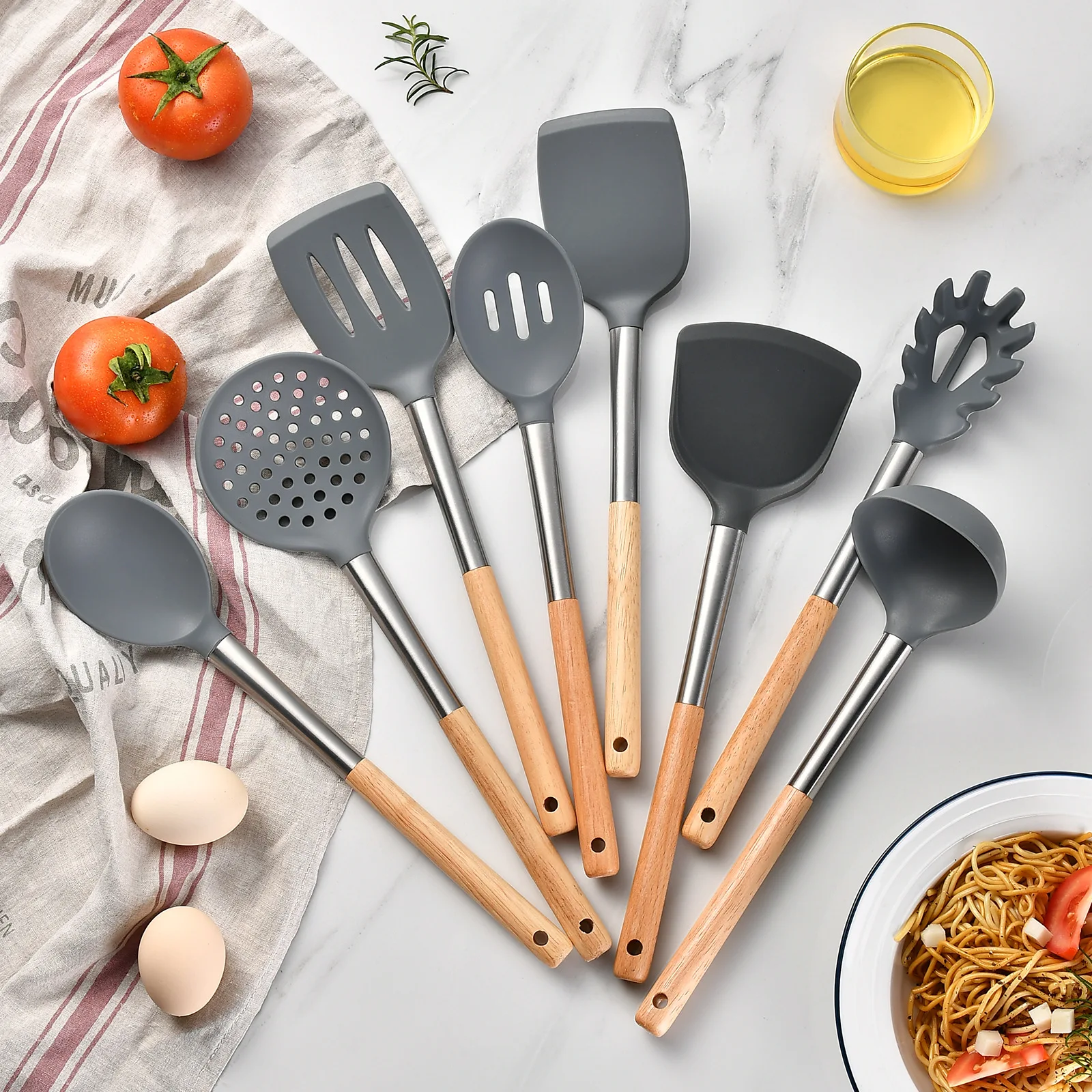 

8Pcs Silicone Kitchenware Set Anti Slip Wooden Handle Kitchen Utensils Non-Stick Spatula Shovel Spoon Spaghetti Claw Cooking Set