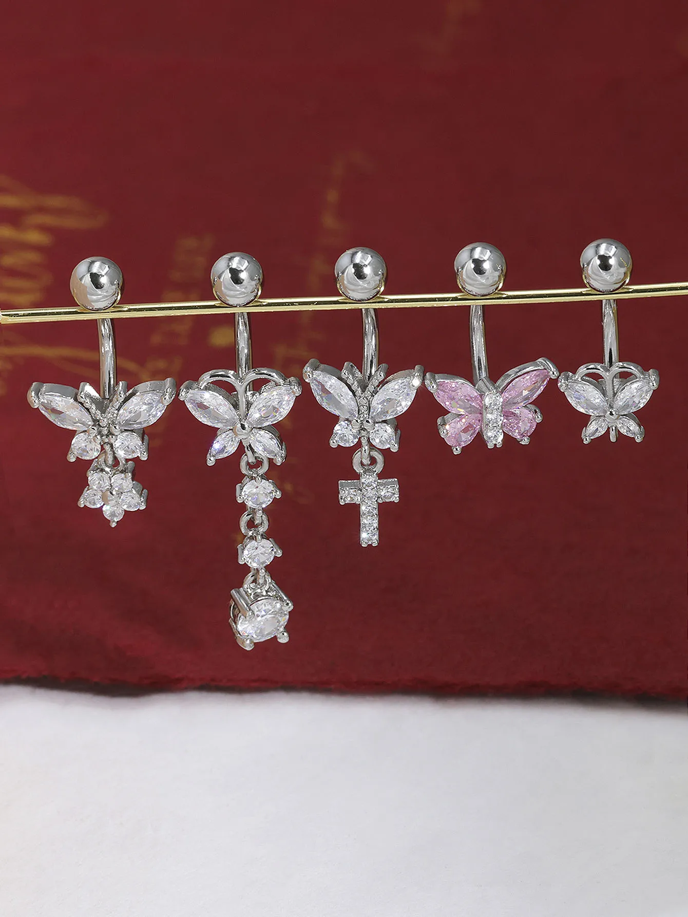 Butterfly Dangle Belly Button Ring Surgical Steel Navel Rings Pink Zircon Umbilical Ring Hypoallergenic Tummy Ring  Piercing