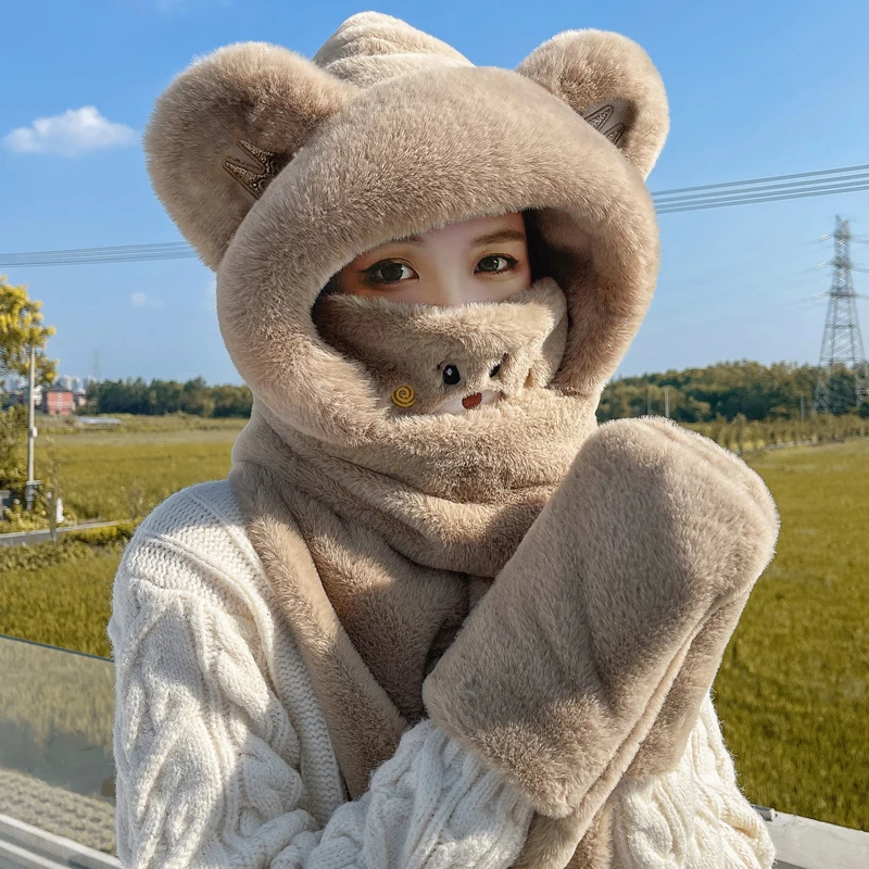 Cute Bear Ear Hat Scarf Winter Hats Women Gloves Set Beanies Caps Warm Casual Plush Hat Solid Fleece Girl Kawaii Present 목도리 모자