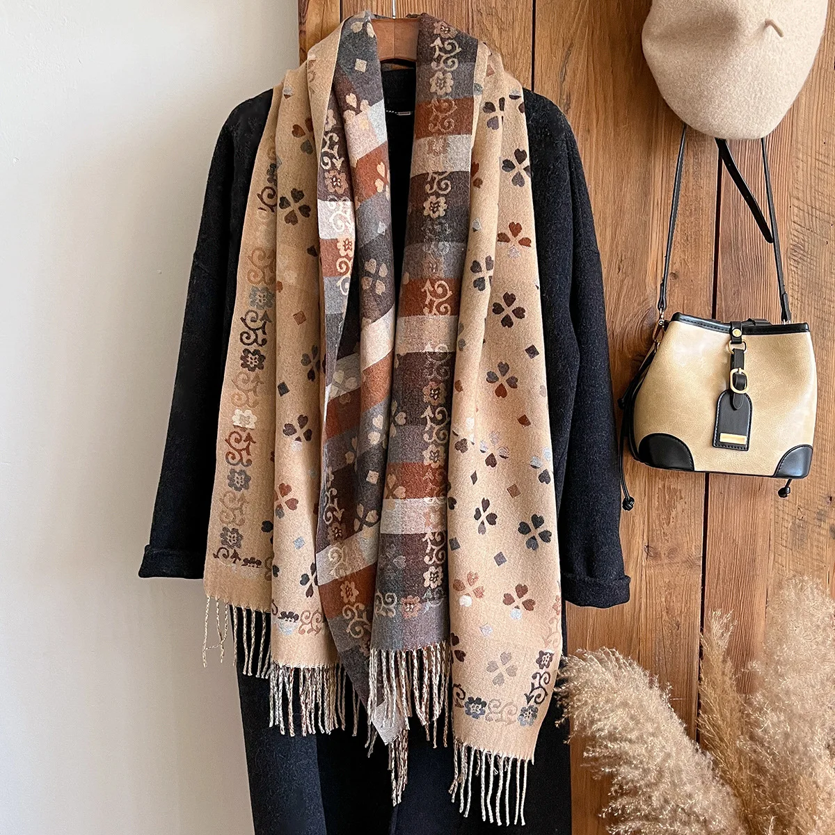 

2026 Ethnic Style Double-Sided Scarf Cashmere Soft Warm Long Fringe Pashmina Shawl Winter Coldproof Windproof Blanket Scarves