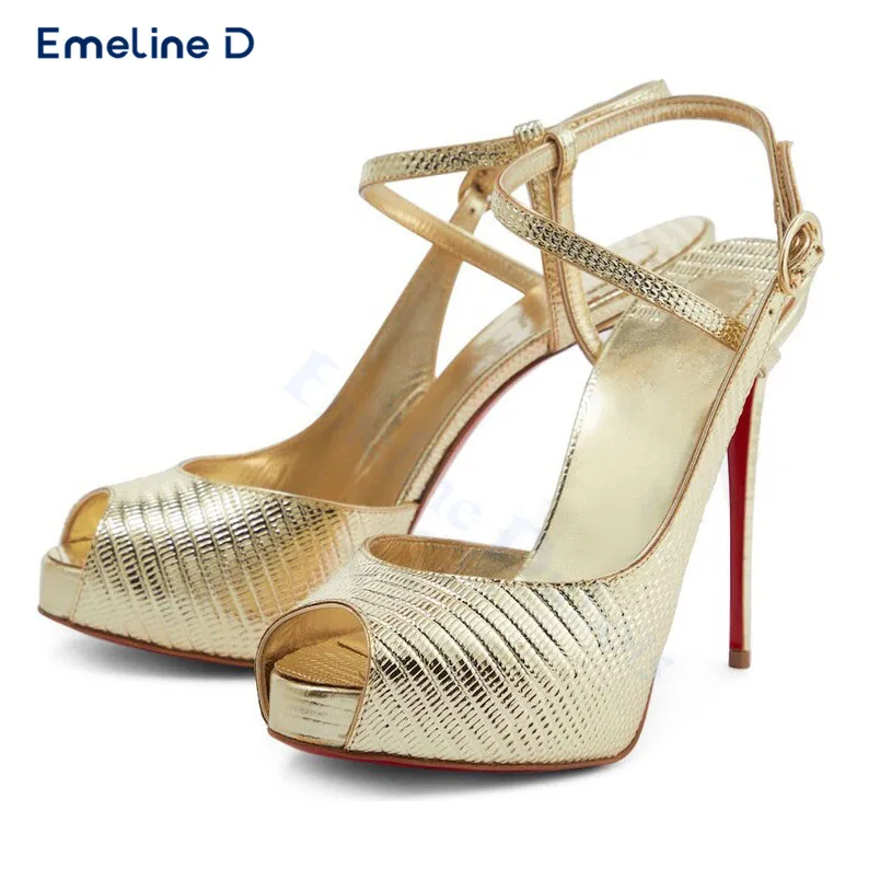 Gold Plaid Open-Toe Fish-Mouth Sandals with Stilettos and Side-Open Sexy Sandals Fashionable and Temperament Women's Shoes