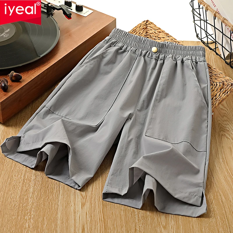 IYEAL Summer Boys Elastic Waist Big Pocket Button Decor Loose Summer Outdoor Half Trousers Children Quick Dry Casual Shorts