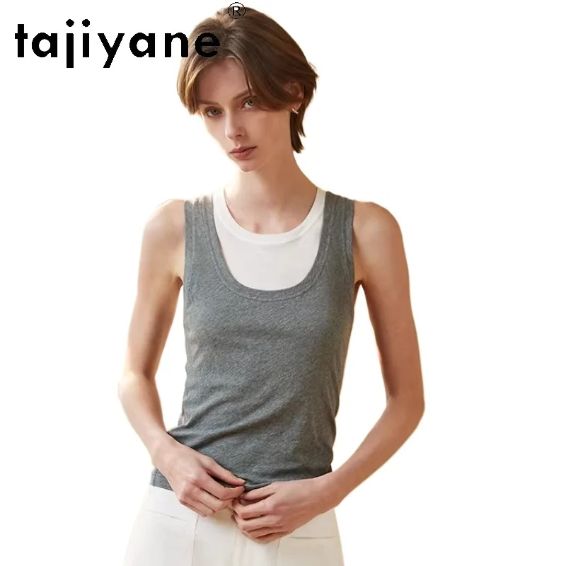 

TAJIYANE 100% Cotton Tanks Top Women Stylish U-Neck Color Block Vest 2-in-1 Detachable Summer Tops 2026 Woman Clothes топженский