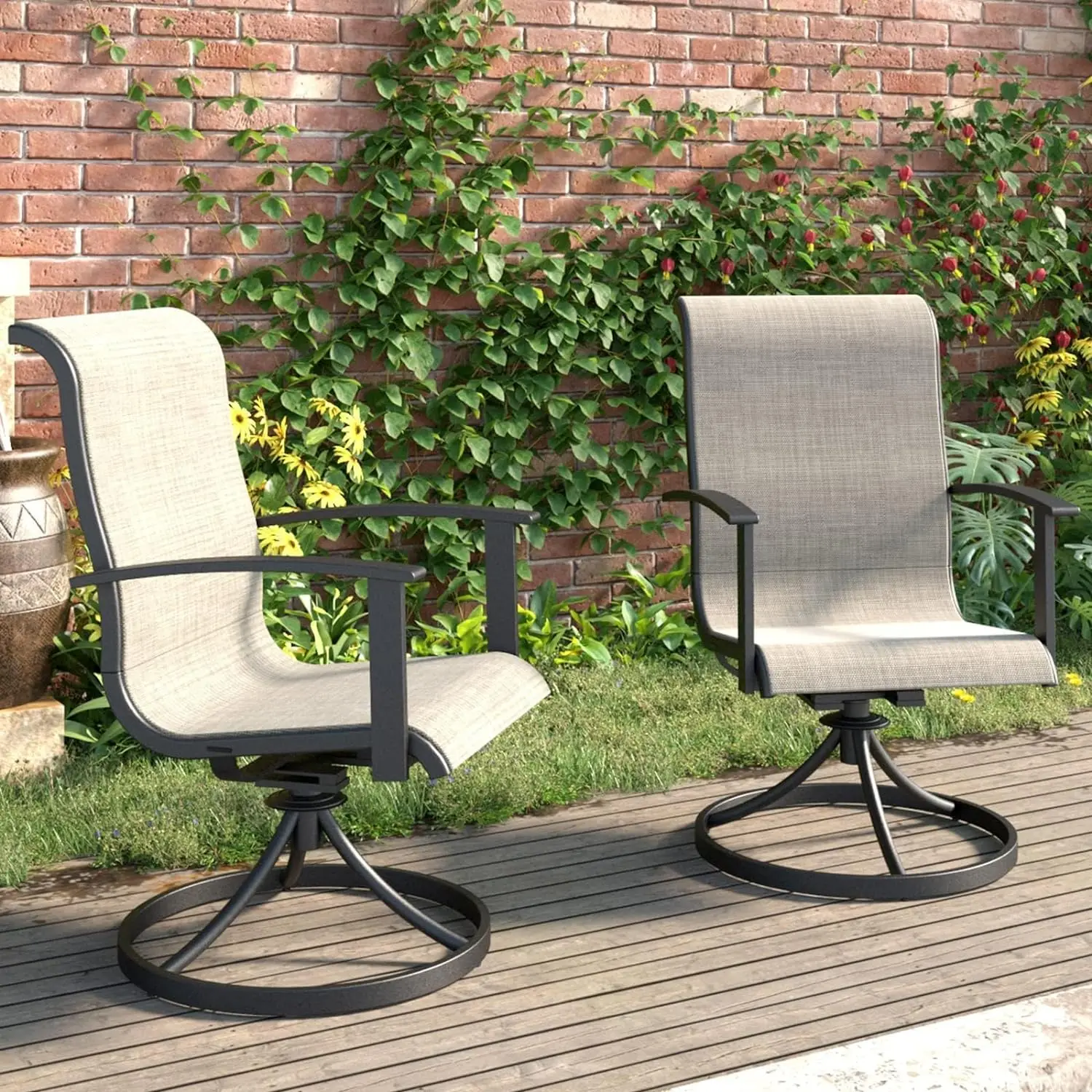 Patio Outdoor Swivel Rocking Dining Chairs Set , 360 Degree Mesh Sling Rocker Sets for Deck, Garden Backyard, Mixed Coffee