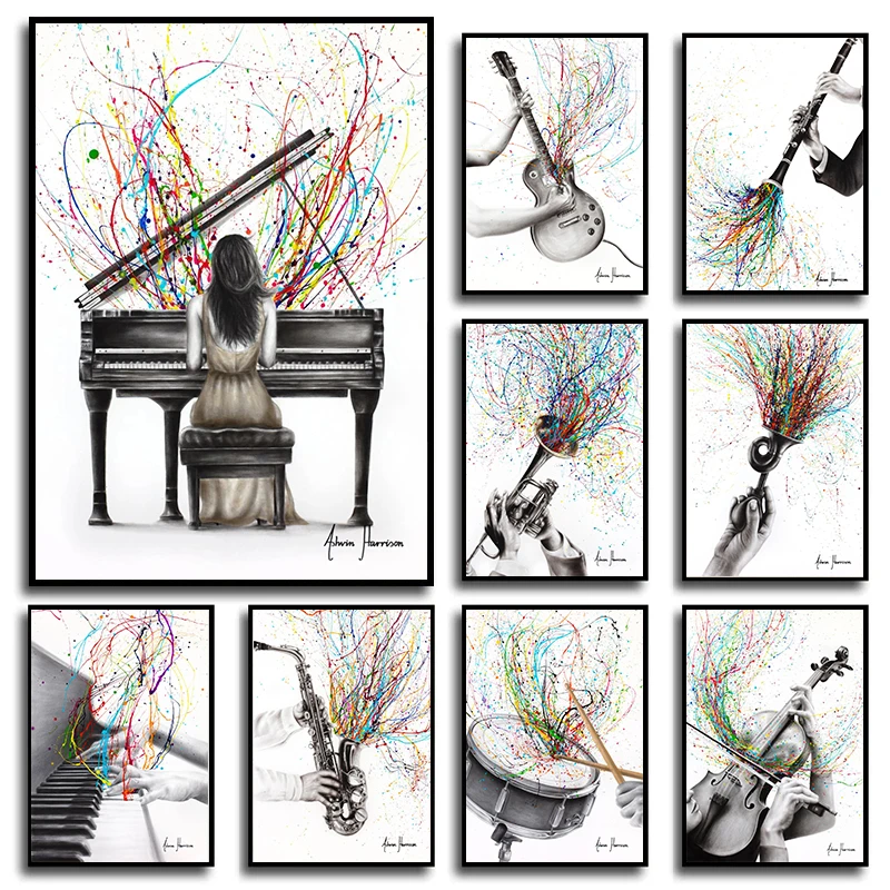 Abstract Musical Instrument Jazz Saxophone Guitar Posters and Prints Canvas Printing Wall Art Picture for Living Room Bar Decor