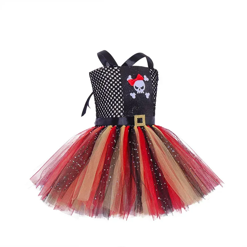 Disguised Child Pirate Fluffy Tulle Tutu Dress for Girls Children Halloween Cosplay Skeleton Ghost Captain Masquerade Costume