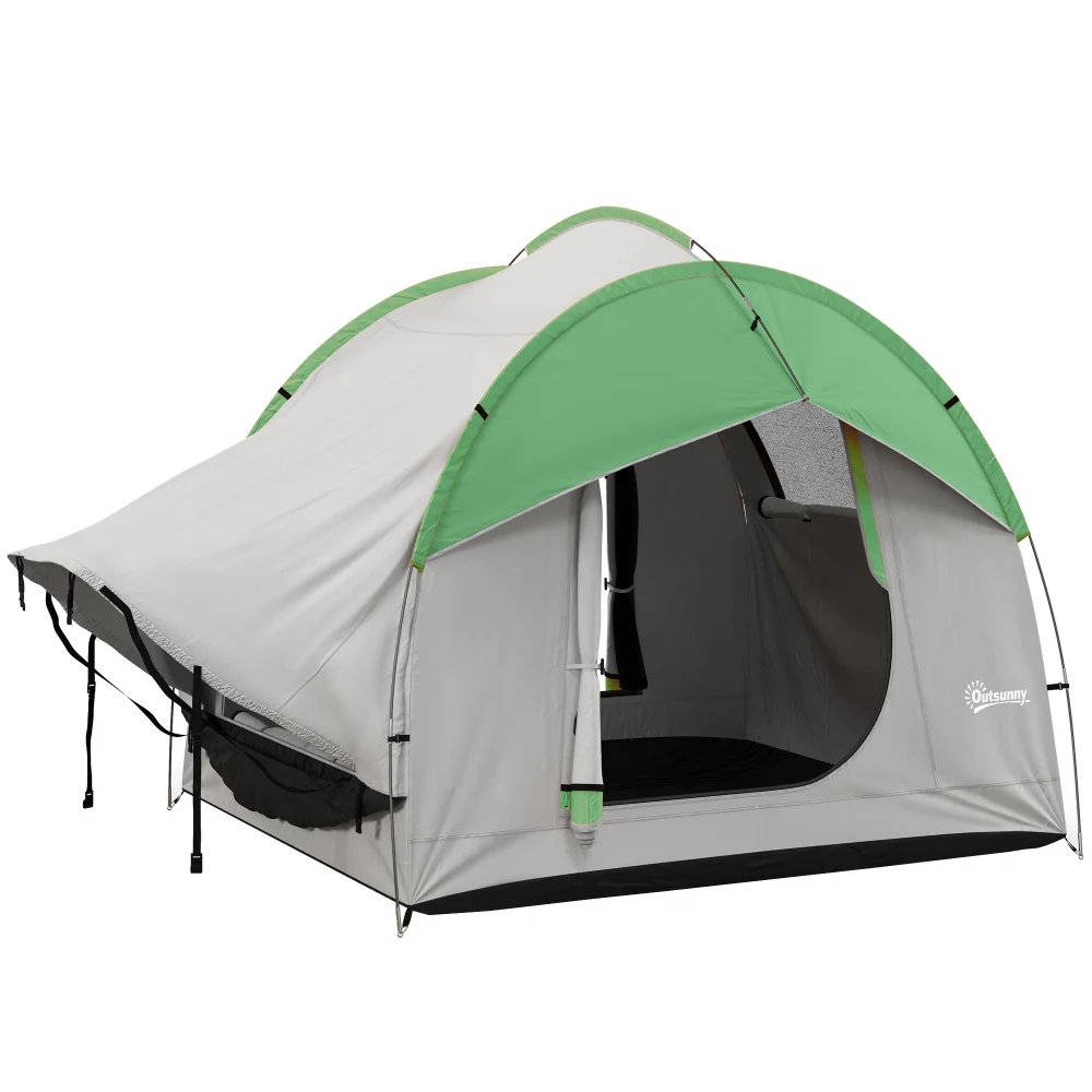 Grey-green SUV Tent, 2000mm Waterproof Truck Tent, Quick and Easy To Set Up. Features 3 Doors and Mesh Windows, Spacious Interior Suitable for 5-6 People for Camping and Outdoor Travel. Dimensions: 7.5ft (L) X 6.9ft (W) X 6.9ft (H).