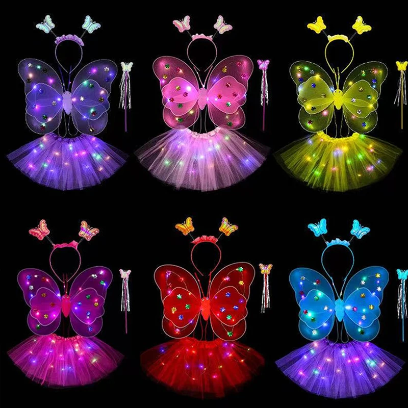 1Set LED Fairy Cosplay Butterfly Props Party Glow Light-Up Tutu Skirt LED Fairy Butterfly Wings Hair Hoop Wands for Girls Gift