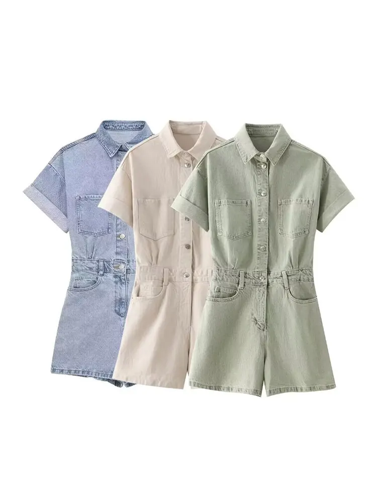 

TRAFZA 2024 Women's Summer Vintage Denim Jumpsuit Lapel Solid Color Short Sleeves With Pockets Buttons Elegant Onesies TRAF