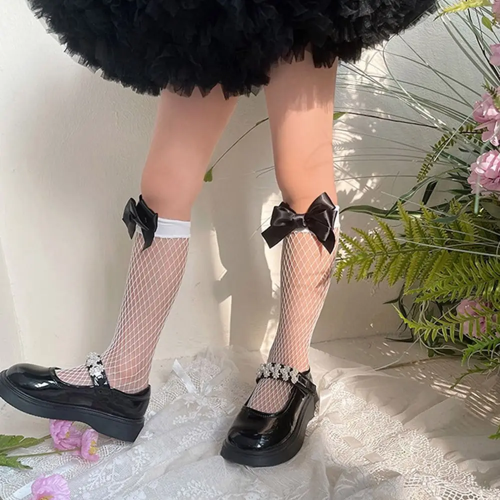 Comfortable Soft Summer Fishnet Lolita Lace Gauze Bow-knot Kids Hosiery Girls Calf Socks Middle Tube Socks Korean Style Socks